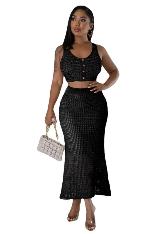 Black Knitted Sleeveless Button Vest Tops Two Pieces Hollow Women Midi Skirt Sets Dress