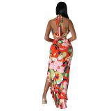 Red Ruffles Sleeveless Printed Two Pieces Long Floral Dress
