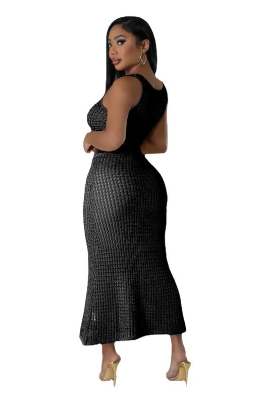 Black Knitted Sleeveless Button Vest Tops Two Pieces Hollow Women Midi Skirt Sets Dress