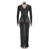Black Luxury Tassels Long Sleeve Mesh Rhinestones Bodycon Prom Maxi Dress