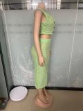 Light Green Knitted Sleeveless Button Vest Tops Two Pieces Hollow Women Midi Skirt Sets Dress