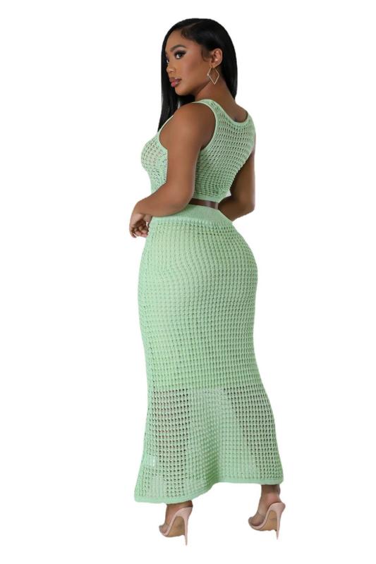 Light Green Knitted Sleeveless Button Vest Tops Two Pieces Hollow Women Midi Skirt Sets Dress