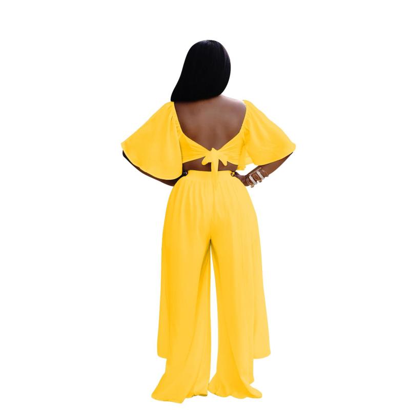 Yellow Short Sleeve Low Cut Crop Top Chiffon Two Pieces Wide Leg Pant Set Jumpsuit