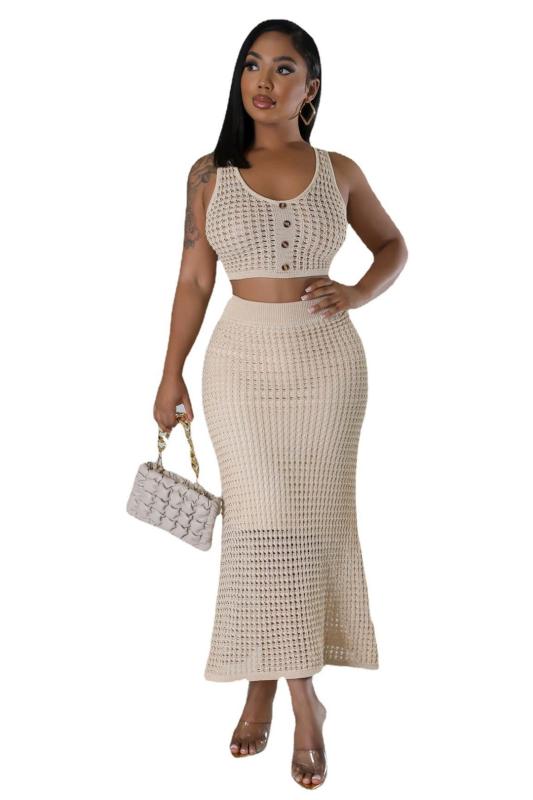 Beige Knitted Sleeveless Button Vest Tops Two Pieces Hollow Women Midi Skirt Sets Dress