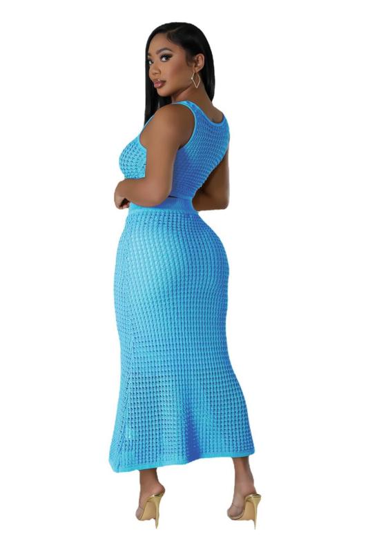Blue Knitted Sleeveless Button Vest Tops Two Pieces Hollow Women Midi Skirt Sets Dress