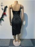 Black Sleeveless Deep V Neck Rhinestone Pleated Women Midi Dress