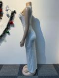 White Luxury Mesh Sleeveless Rhinestones Slit Party Prom Maxi Dress with Pearls