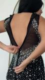 Black Luxury Mesh Sleeveless Rhinestones Slit Party Prom Maxi Dress with Pearls