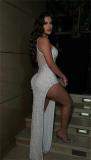 White Luxury Mesh Sleeveless Rhinestones Slit Party Prom Maxi Dress with Pearls