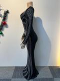 Black Elegant Long Sleeveless Rhinestones Pleated Party Prom Maxi Dress