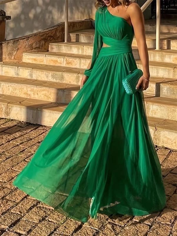 Green One Sleeve Chiffon Fashion Pleated Long Dress Plus Size