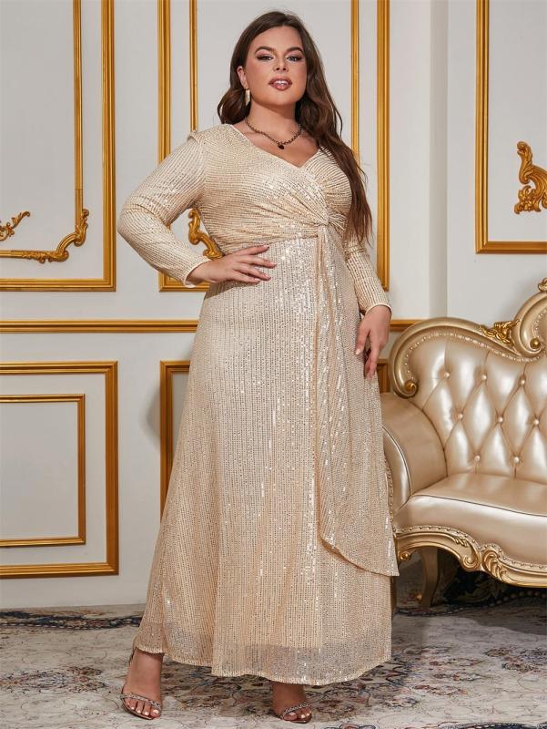 Gold Long Sleeve Sequins Party Prom Plus Size Women Maxi Dress