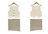 Beige Women Knitted Sweaters V Neck Vest Pleated Mini Skirt Set Suits