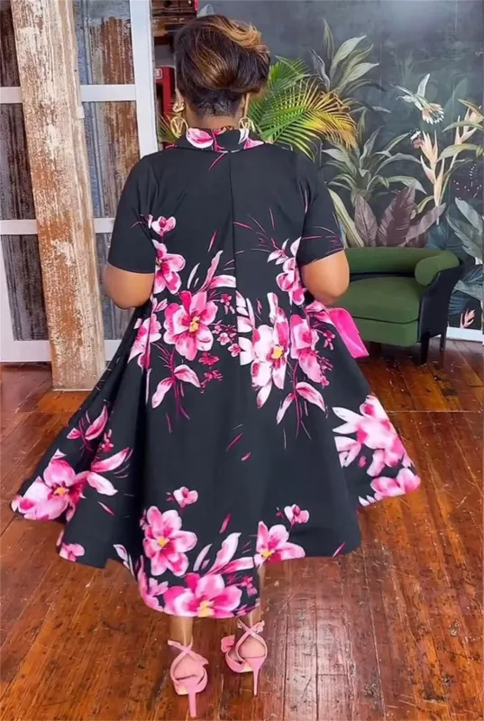 Black Short Sleeve Zipper V Neck Printing Fashion Women Floral Dress