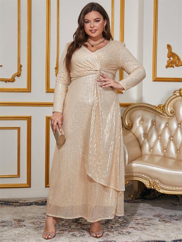 Gold Long Sleeve Sequins Party Prom Plus Size Women Maxi Dress