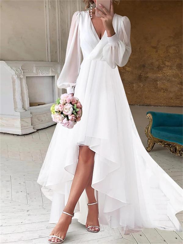 White Mesh Long Sleeve Deep V Neck Chiffon Fashion Women Maxi Dress Plus Size