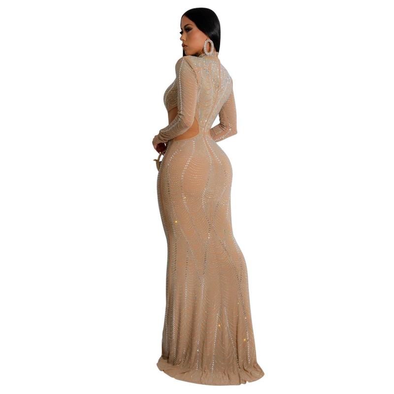 Beige Luxury Mesh Rhinestone Long Sleeve Hollow Pleated Maxi Prom Dress