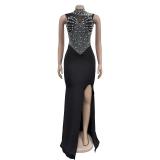 Black Sleeveless O Neck Rhinestone Luxury Bodycon Prom Party Maxi Dress