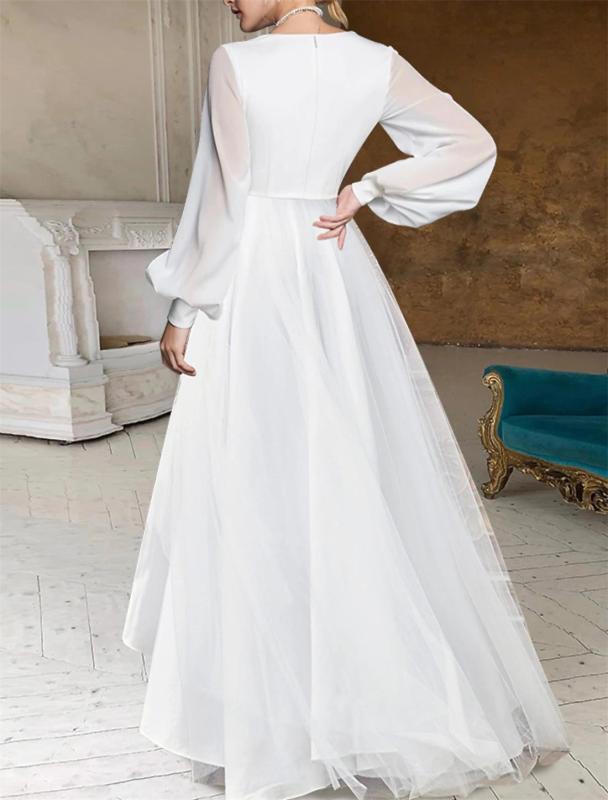 White Mesh Long Sleeve Deep V Neck Chiffon Fashion Women Maxi Dress Plus Size