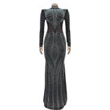 Black Luxury Mesh Rhinestone Long Sleeve Hollow Pleated Maxi Prom Dress