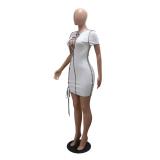 White Short Sleeve Lace Up Hollow Out Bandage Mini Club Dress