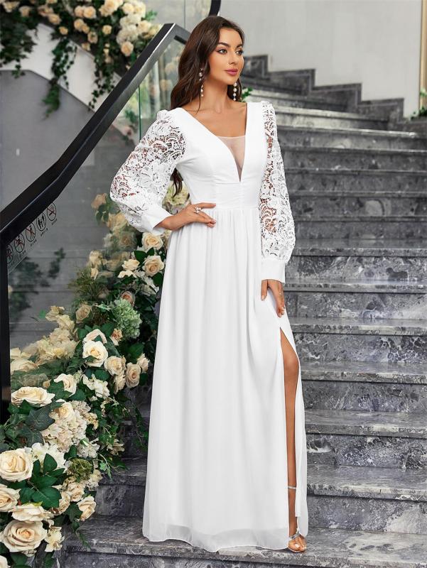 White Lace Hollow Out Sleeve Chiffon Women Casual Maxi Dress Plus Size