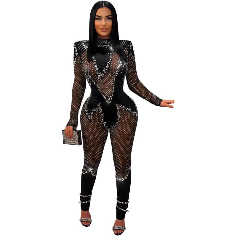 Black Long Sleeve Mesh Rhinestone Pleated Sexy Party Jumpsuits
