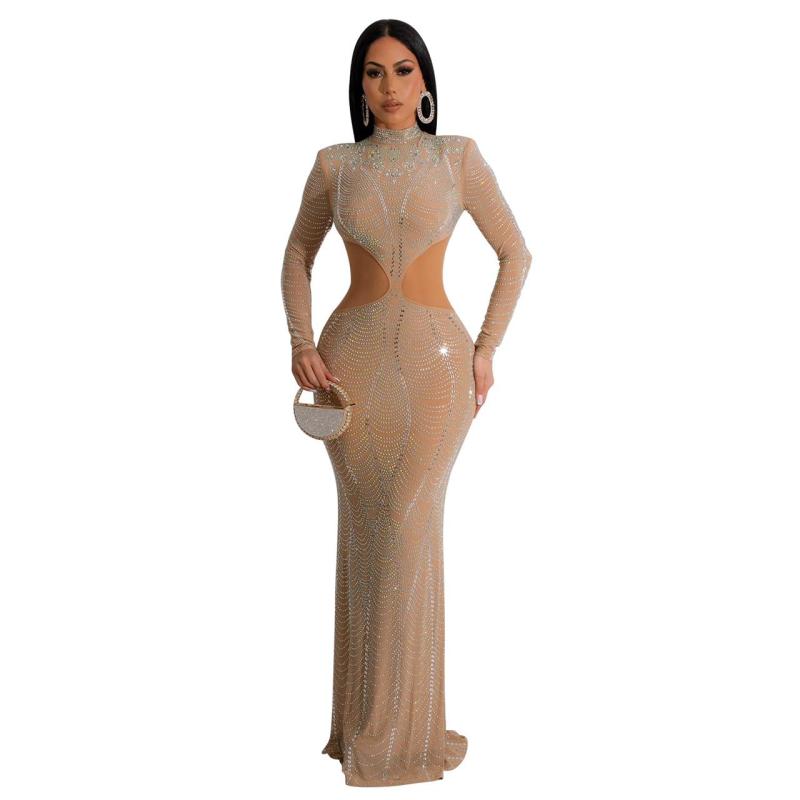 Beige Luxury Mesh Rhinestone Long Sleeve Hollow Pleated Maxi Prom Dress