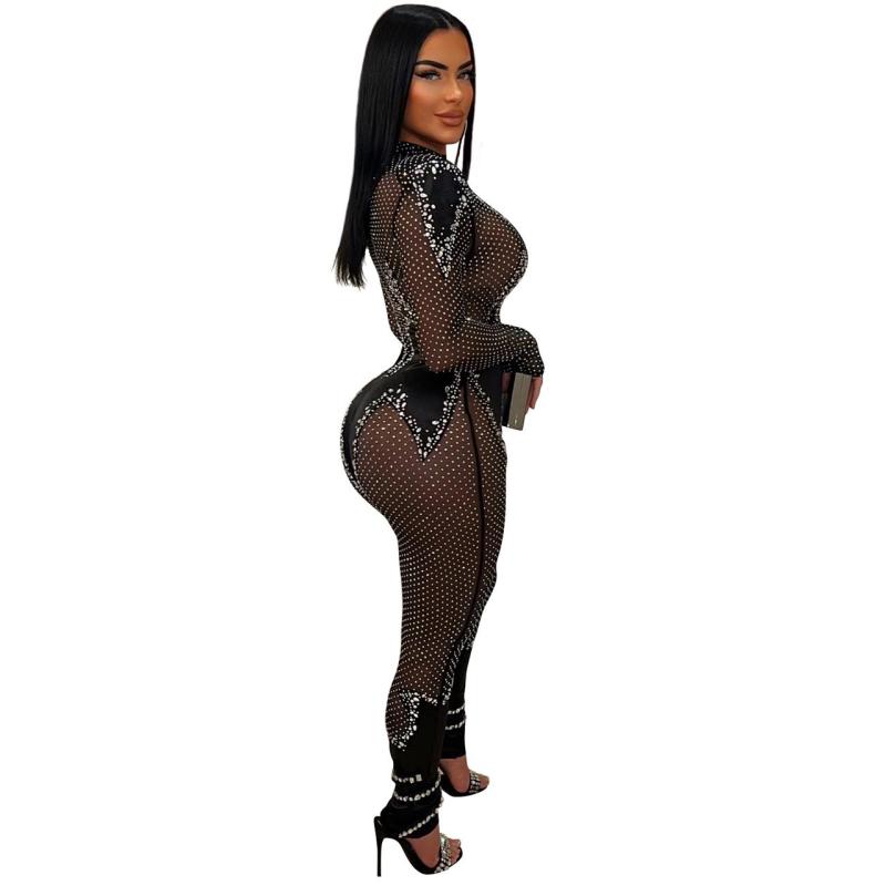 Black Long Sleeve Mesh Rhinestone Pleated Sexy Party Jumpsuits