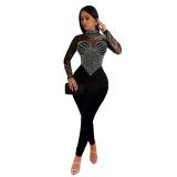 Black Mesh Long Sleeve Diamonds Bodycon Party Sexy Jumpsuits