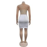 White Mesh Sexy Long Sleeve Rhinestone Bodycon Pary Mini Dress