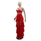 Red Straps Lace Crop Top Two Piece Hollow Out Long Pant Jumpsuit Dress