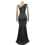 Black One Shoulder Rhinestones Pleated Party Prom Maxi Dress