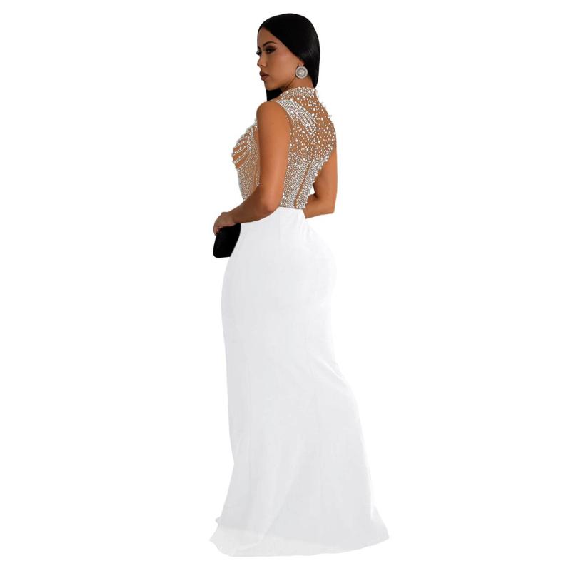 White Sleeveless O Neck Rhinestone Luxury Bodycon Prom Party Maxi Dress