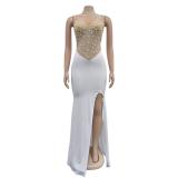 White Sleeveless O Neck Rhinestone Luxury Bodycon Prom Party Maxi Dress