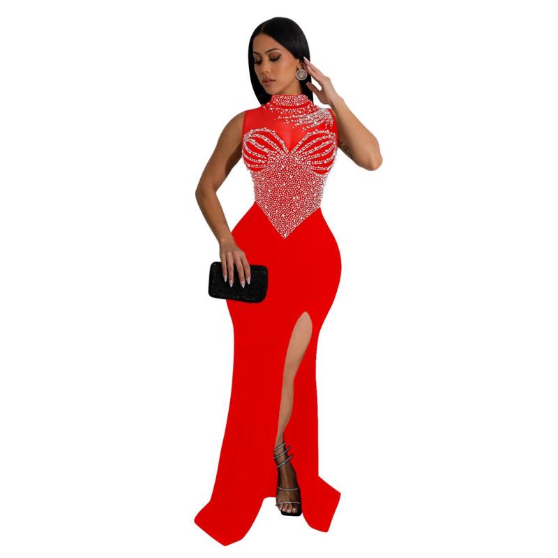 Red Sleeveless O Neck Rhinestone Luxury Bodycon Prom Party Maxi Dress