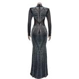 Black Luxury Mesh Rhinestone Long Sleeve Hollow Pleated Maxi Prom Dress