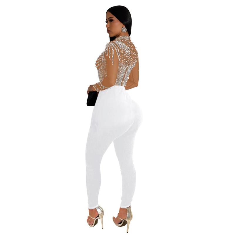 White Mesh Long Sleeve Diamonds Bodycon Party Sexy Jumpsuits