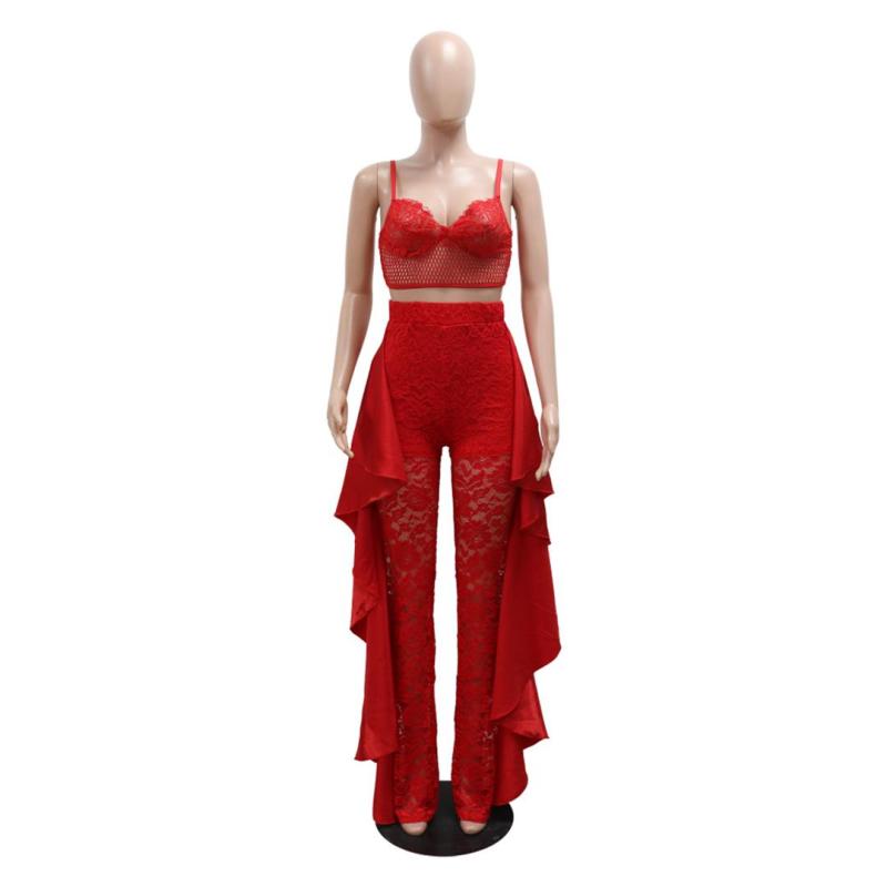 Red Straps Lace Crop Top Two Piece Hollow Out Long Pant Jumpsuit Dress