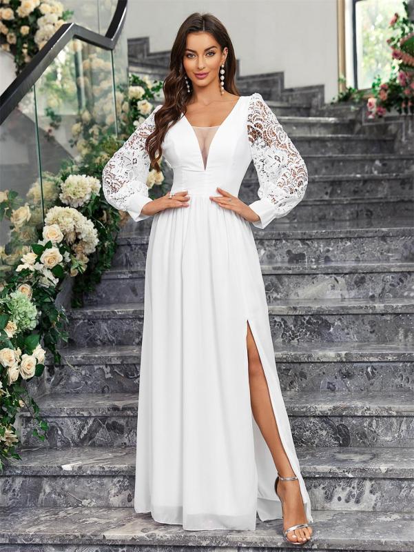 White Lace Hollow Out Sleeve Chiffon Women Casual Maxi Dress Plus Size