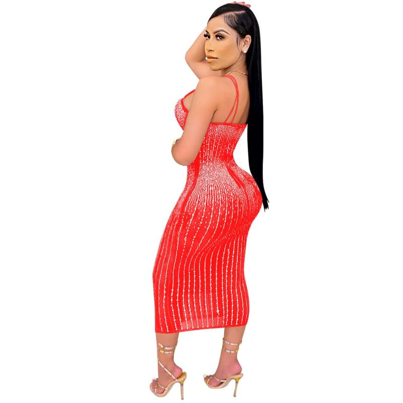 Red Straps Crystal Mesh Sexy Bodycon Plus Size Luxury Midi Dress