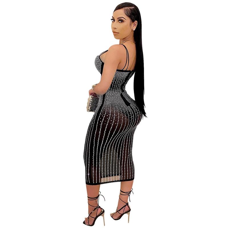 Black Straps Crystal Mesh Sexy Bodycon Plus Size Luxury Midi Dress