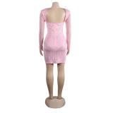 Pink Rhinestone Long Sleeve Mesh Low Cut Bodycon Party Prom Mini Dress