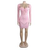 Pink Rhinestone Long Sleeve Mesh Low Cut Bodycon Party Prom Mini Dress