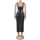 Black Straps Crystal Mesh Sexy Bodycon Plus Size Luxury Midi Dress