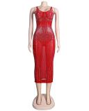 Red Straps Crystal Mesh Sexy Bodycon Plus Size Luxury Midi Dress