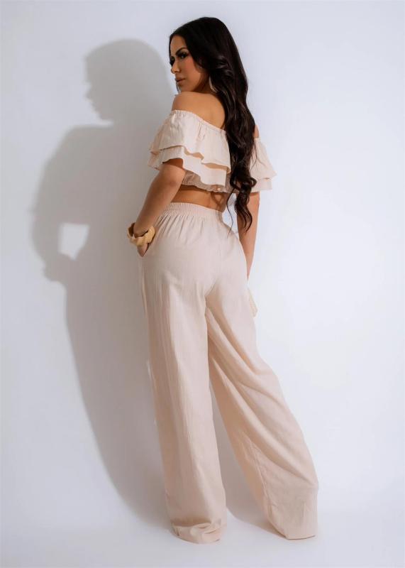 Beige Off Shoulder Ruffles Crop Top Pleated Two Pieces Pant Sets Dress