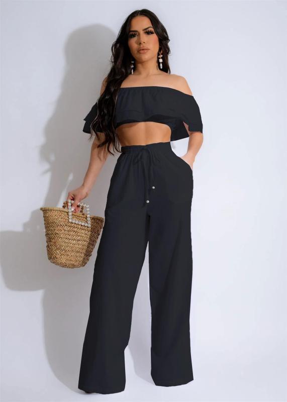 Black Off Shoulder Ruffles Crop Top Pleated Two Pieces Pant Sets Dress