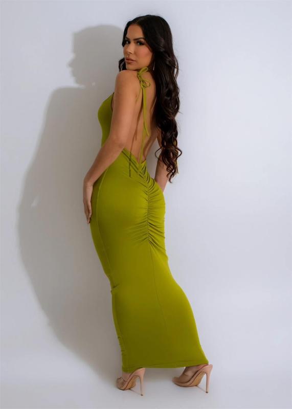 Green Halter Low Cut Pleated Women Sexy Evening Party Long Dress