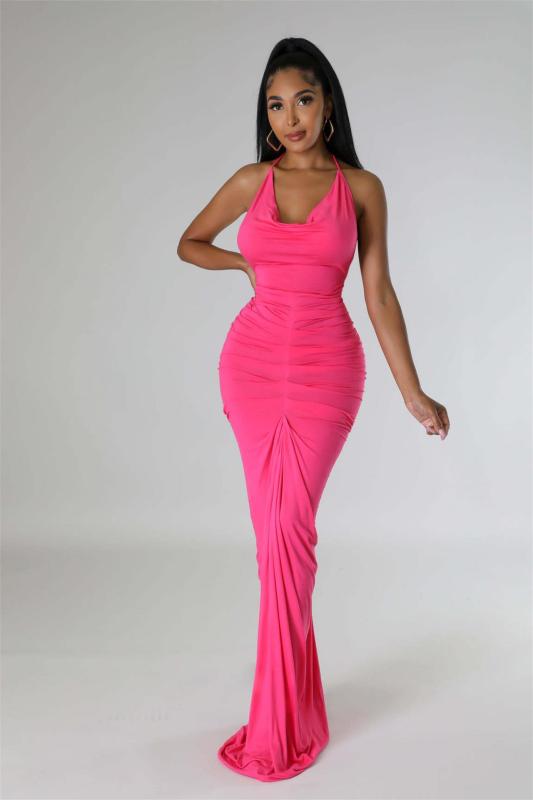 Rose Red Straps Low Cut Bodycon Women Party Pleated Prom Maxi Dress